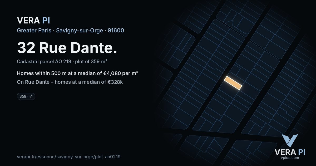 32 Rue Dante, Savigny-sur-Orge at night – the plot lit, the parcels around coloured by the prices near them