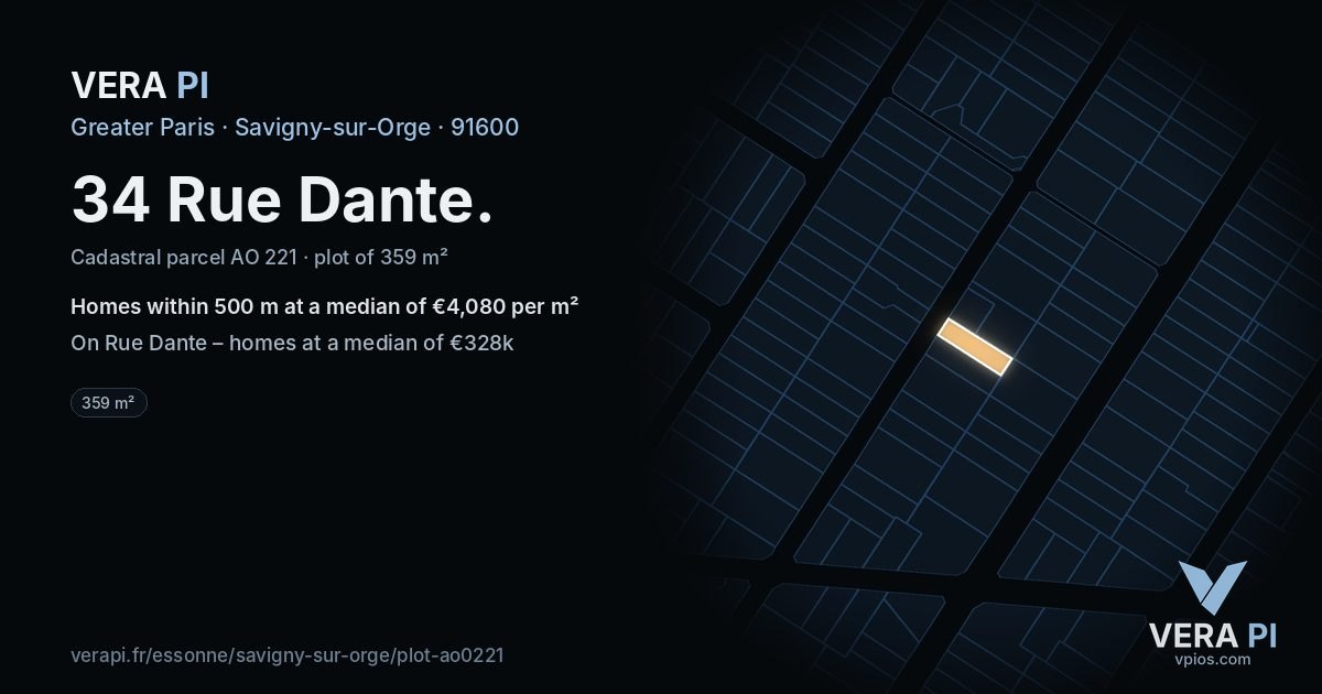 34 Rue Dante, Savigny-sur-Orge at night – the plot lit, the parcels around coloured by the prices near them