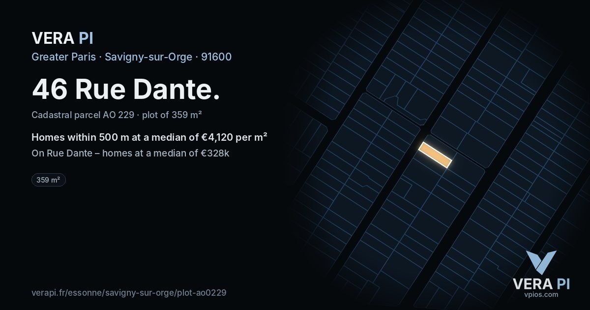 46 Rue Dante, Savigny-sur-Orge at night – the plot lit, the parcels around coloured by the prices near them
