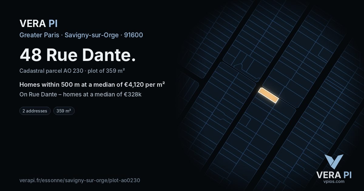 48 Rue Dante, Savigny-sur-Orge at night – the plot lit, the parcels around coloured by the prices near them