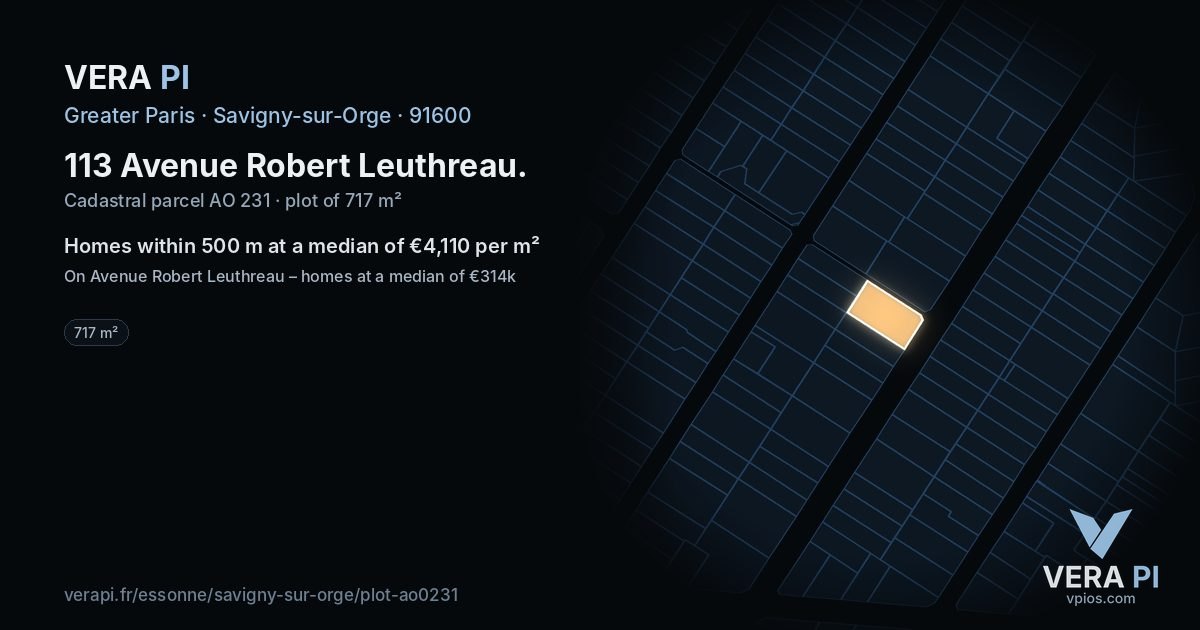 113 Avenue Robert Leuthreau, Savigny-sur-Orge at night – the plot lit, the parcels around coloured by the prices near them