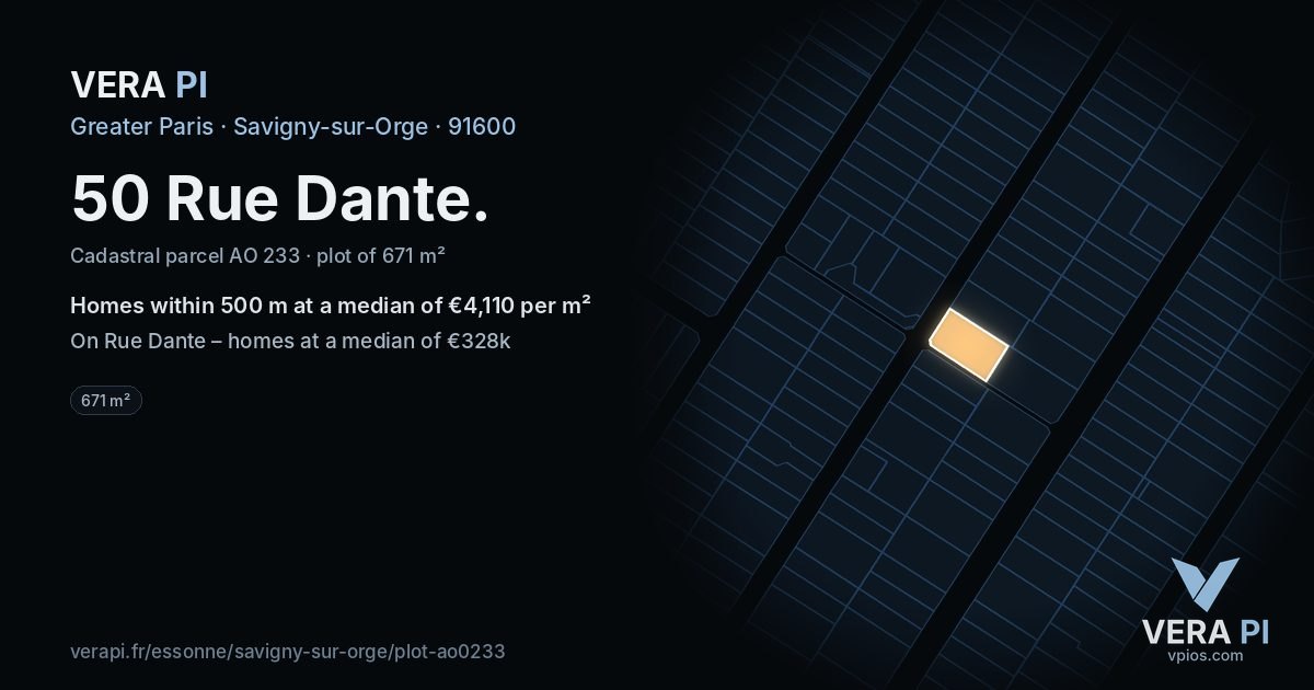50 Rue Dante, Savigny-sur-Orge at night – the plot lit, the parcels around coloured by the prices near them