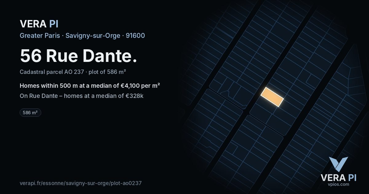 56 Rue Dante, Savigny-sur-Orge at night – the plot lit, the parcels around coloured by the prices near them