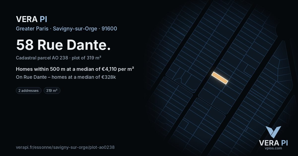 58 Rue Dante, Savigny-sur-Orge at night – the plot lit, the parcels around coloured by the prices near them