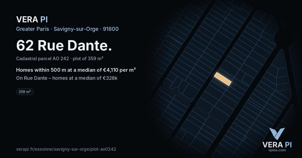 62 Rue Dante, Savigny-sur-Orge at night – the plot lit, the parcels around coloured by the prices near them