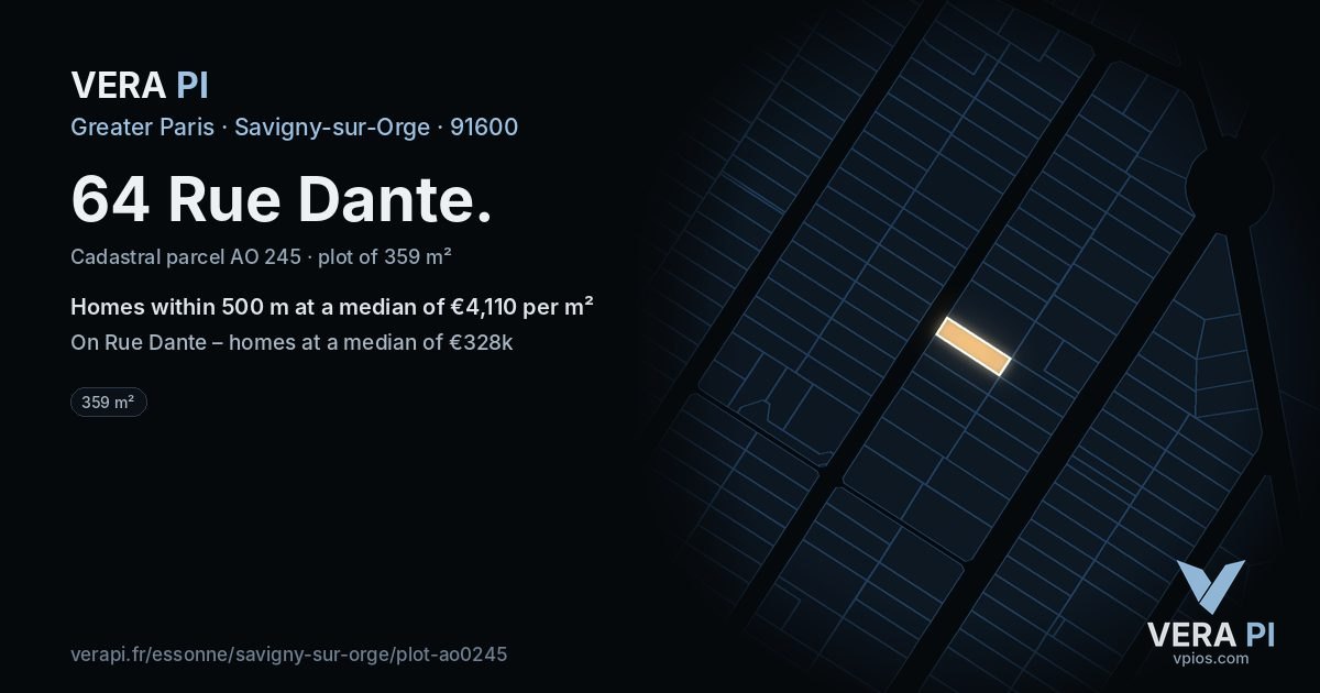 64 Rue Dante, Savigny-sur-Orge at night – the plot lit, the parcels around coloured by the prices near them