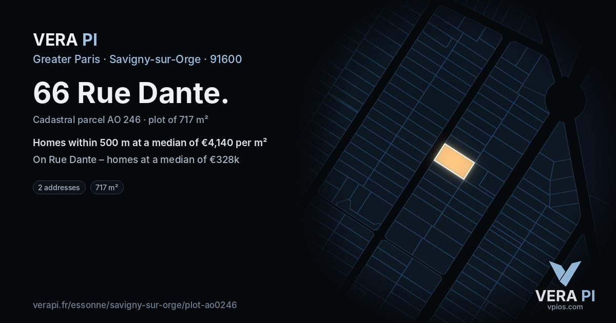 66 Rue Dante, Savigny-sur-Orge at night – the plot lit, the parcels around coloured by the prices near them