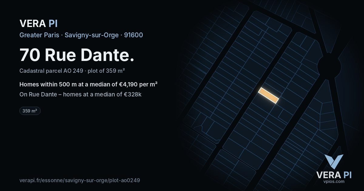 70 Rue Dante, Savigny-sur-Orge at night – the plot lit, the parcels around coloured by the prices near them