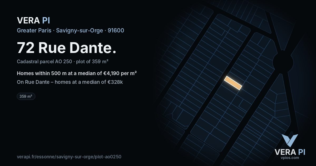 72 Rue Dante, Savigny-sur-Orge at night – the plot lit, the parcels around coloured by the prices near them