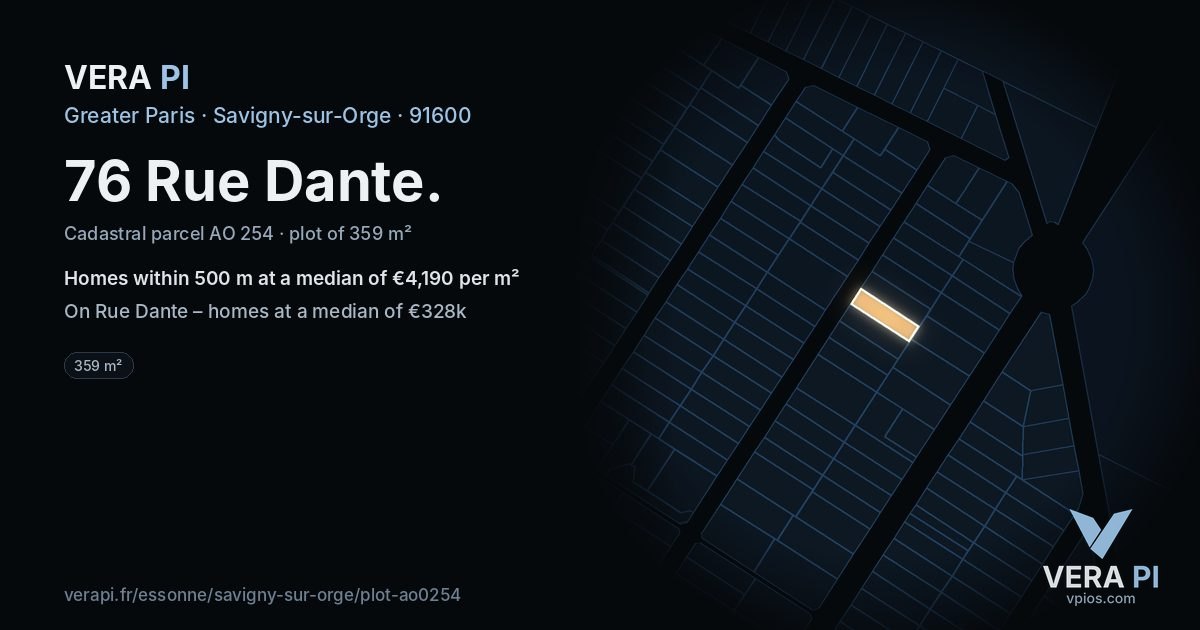 76 Rue Dante, Savigny-sur-Orge at night – the plot lit, the parcels around coloured by the prices near them