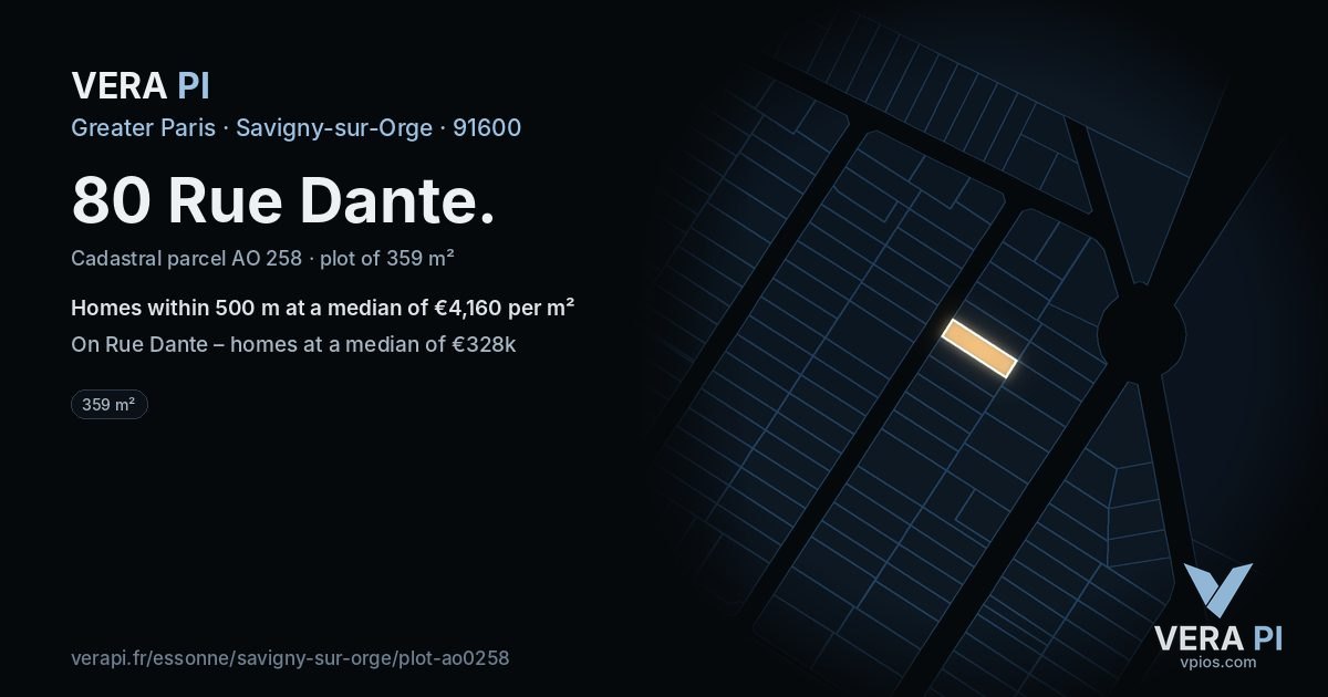 80 Rue Dante, Savigny-sur-Orge at night – the plot lit, the parcels around coloured by the prices near them
