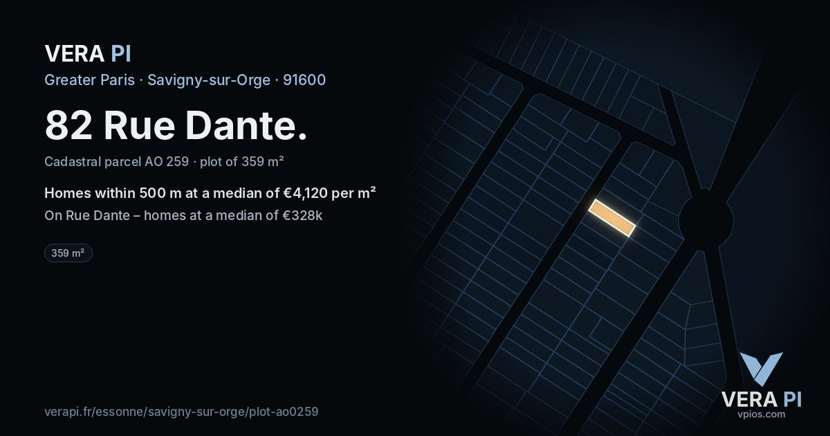 82 Rue Dante, Savigny-sur-Orge at night – the plot lit, the parcels around coloured by the prices near them