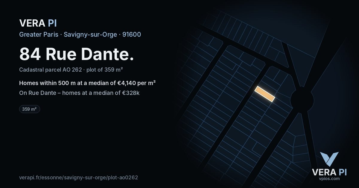 84 Rue Dante, Savigny-sur-Orge at night – the plot lit, the parcels around coloured by the prices near them