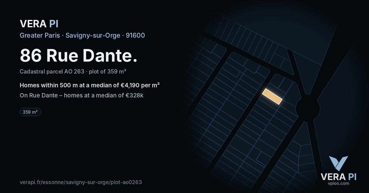 86 Rue Dante, Savigny-sur-Orge at night – the plot lit, the parcels around coloured by the prices near them