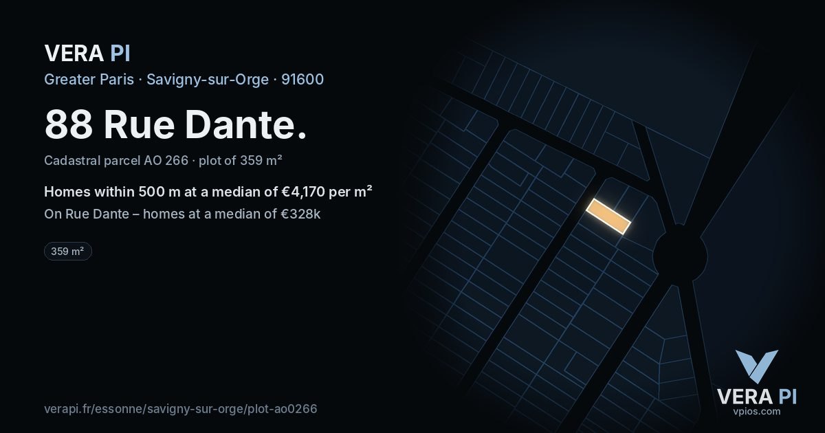88 Rue Dante, Savigny-sur-Orge at night – the plot lit, the parcels around coloured by the prices near them