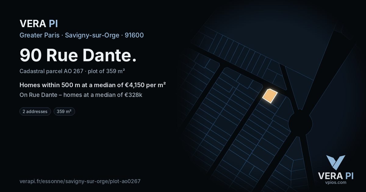 90 Rue Dante, Savigny-sur-Orge at night – the plot lit, the parcels around coloured by the prices near them