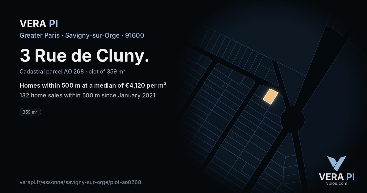 3 Rue de Cluny, Savigny-sur-Orge at night – the plot lit, the parcels around coloured by the prices near them