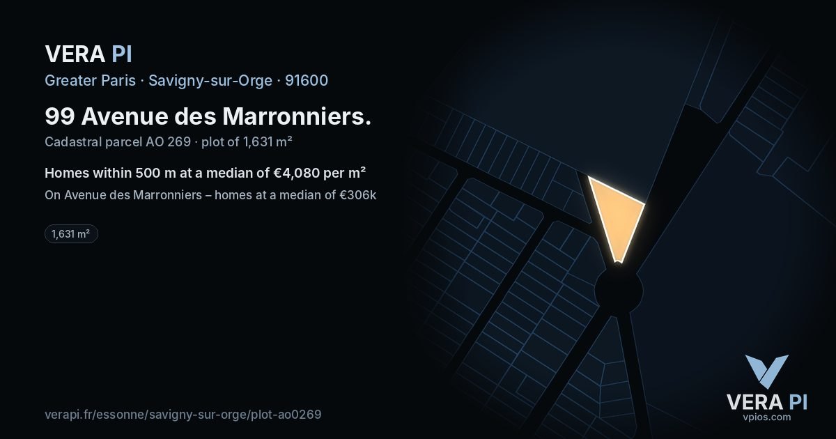 99 Avenue des Marronniers, Savigny-sur-Orge at night – the plot lit, the parcels around coloured by the prices near them