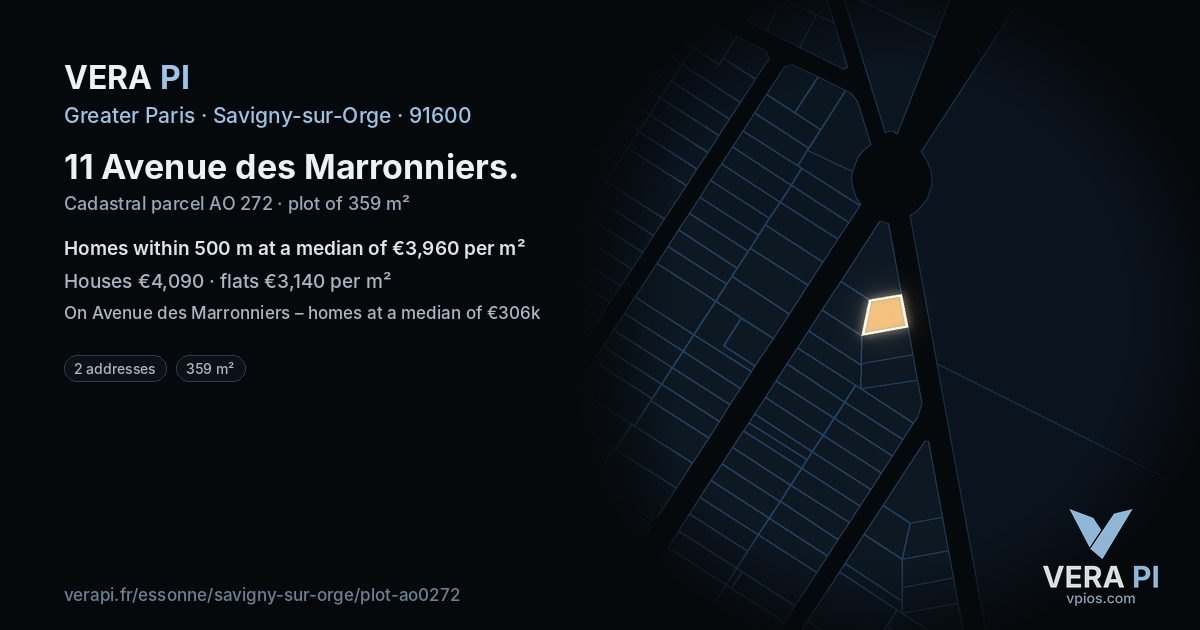 11 Avenue des Marronniers, Savigny-sur-Orge at night – the plot lit, the parcels around coloured by the prices near them
