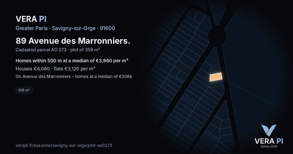 89 Avenue des Marronniers, Savigny-sur-Orge at night – the plot lit, the parcels around coloured by the prices near them