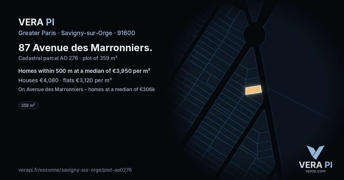 87 Avenue des Marronniers, Savigny-sur-Orge at night – the plot lit, the parcels around coloured by the prices near them