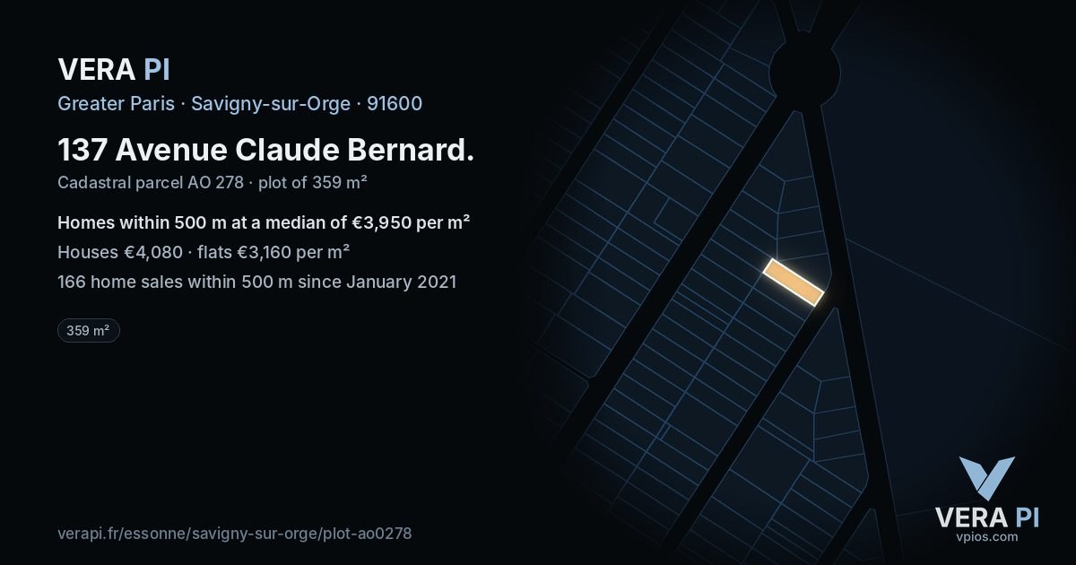 137 Avenue Claude Bernard, Savigny-sur-Orge at night – the plot lit, the parcels around coloured by the prices near them