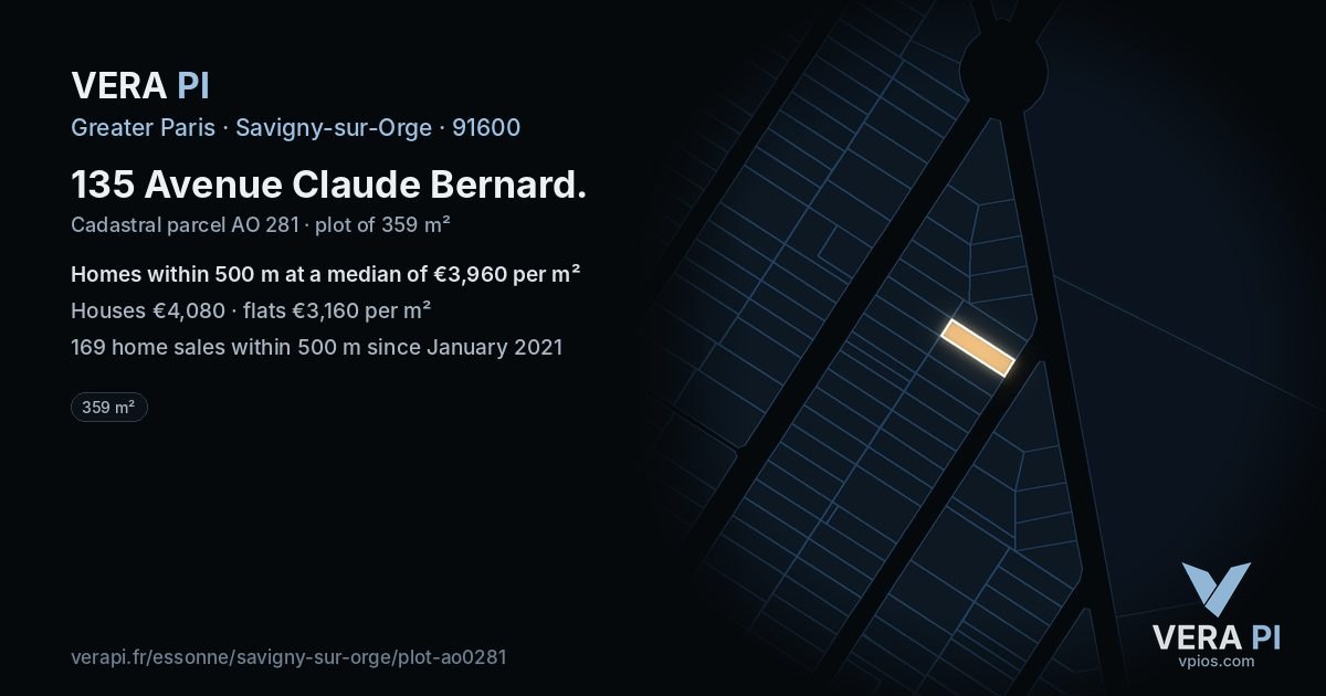 135 Avenue Claude Bernard, Savigny-sur-Orge at night – the plot lit, the parcels around coloured by the prices near them