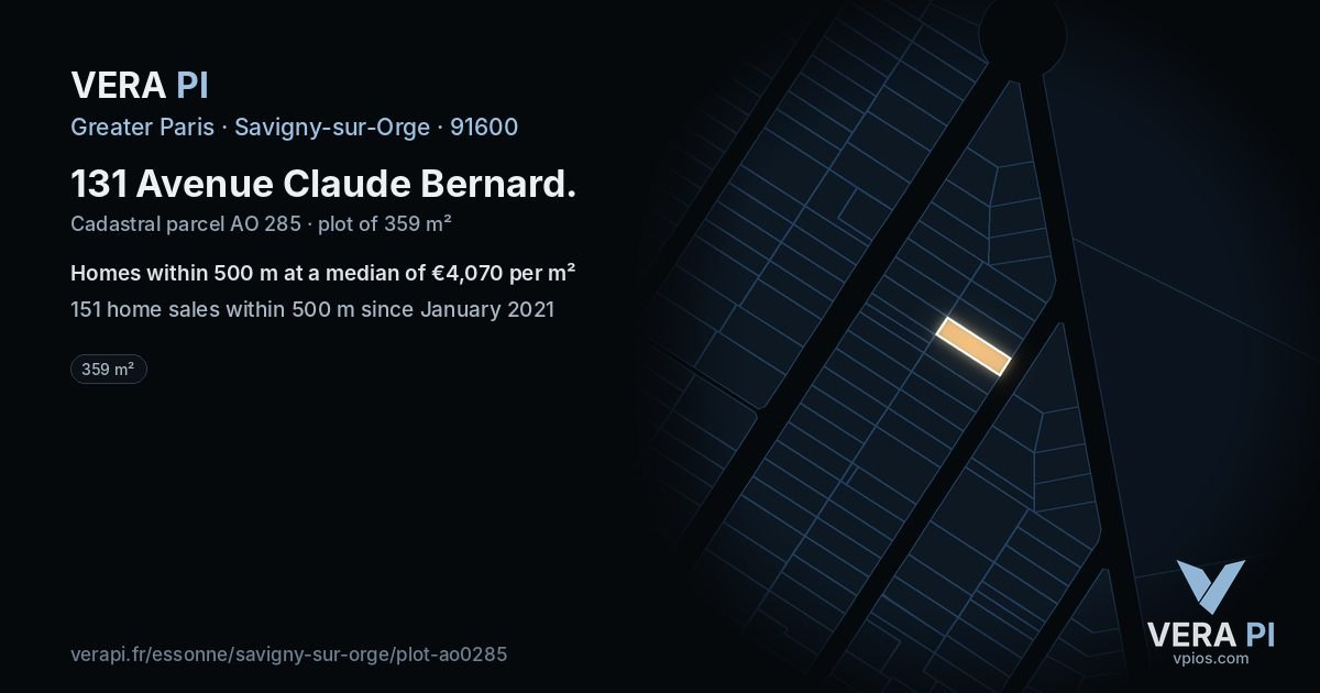 131 Avenue Claude Bernard, Savigny-sur-Orge at night – the plot lit, the parcels around coloured by the prices near them
