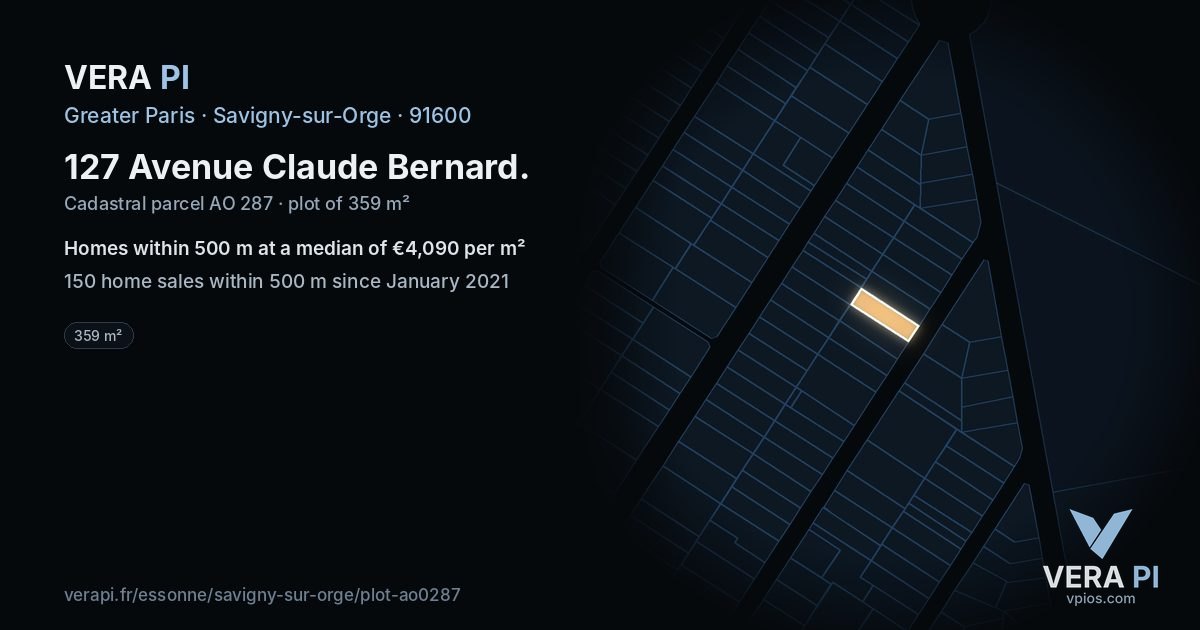 127 Avenue Claude Bernard, Savigny-sur-Orge at night – the plot lit, the parcels around coloured by the prices near them
