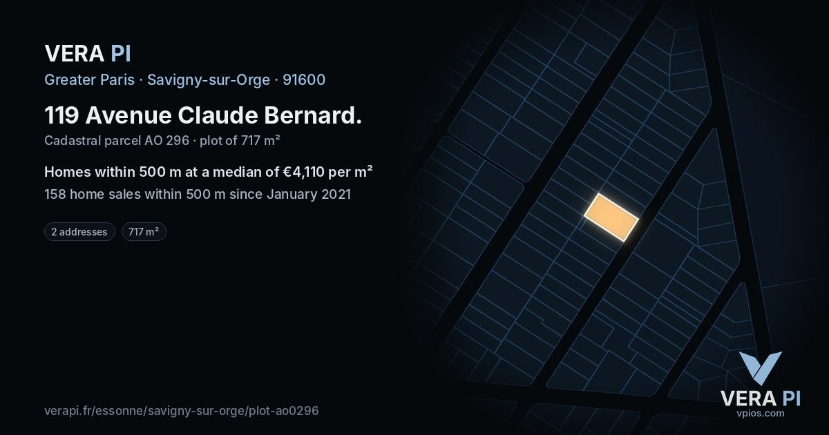 119 Avenue Claude Bernard, Savigny-sur-Orge at night – the plot lit, the parcels around coloured by the prices near them