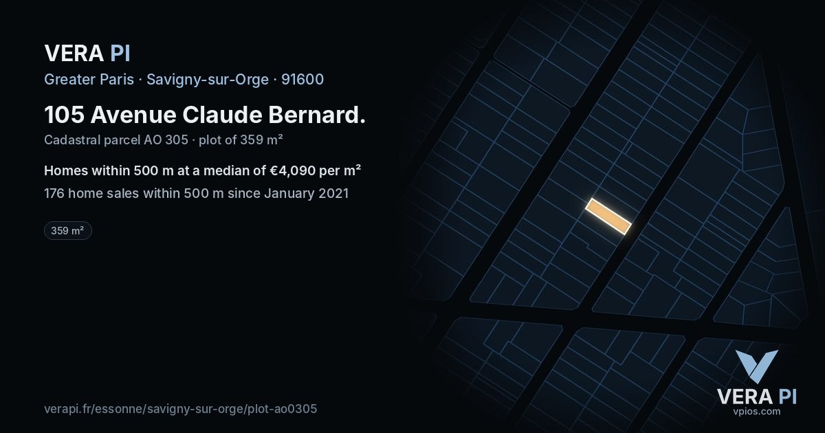 105 Avenue Claude Bernard, Savigny-sur-Orge at night – the plot lit, the parcels around coloured by the prices near them