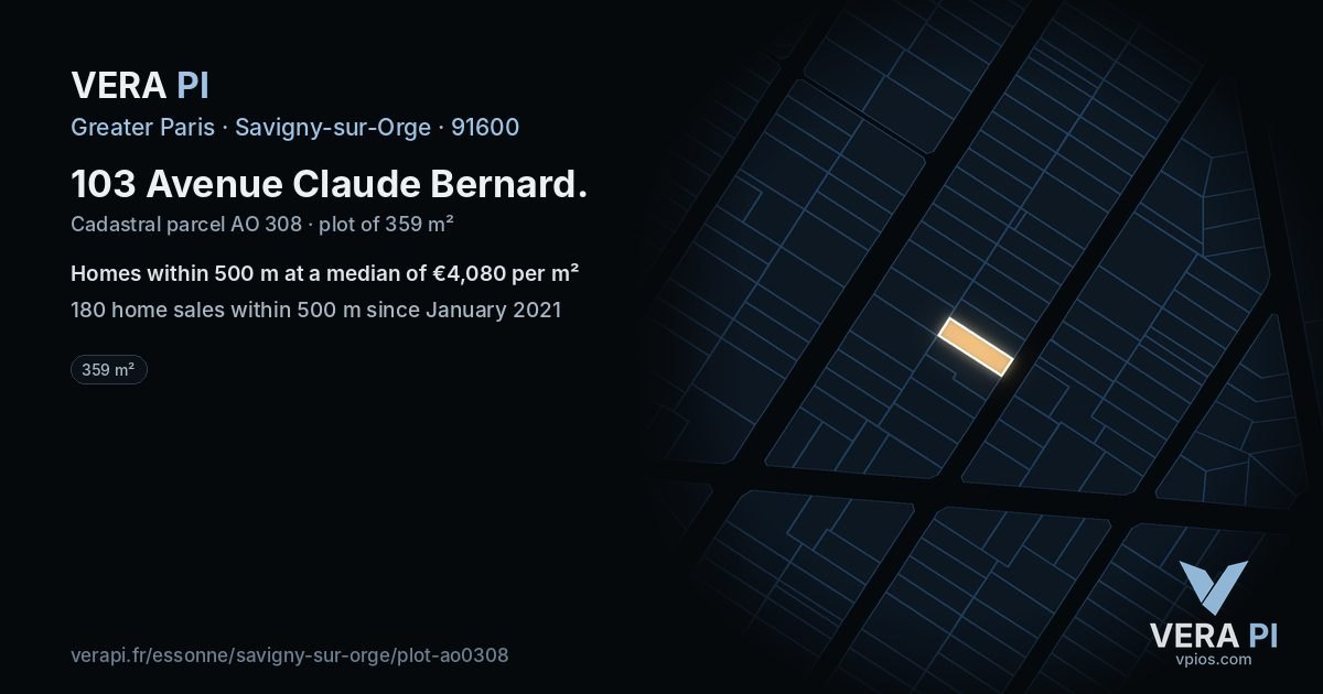103 Avenue Claude Bernard, Savigny-sur-Orge at night – the plot lit, the parcels around coloured by the prices near them