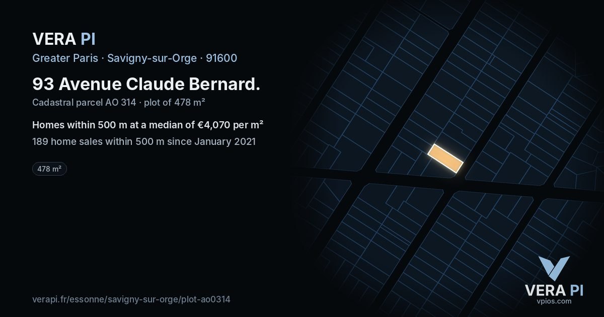 93 Avenue Claude Bernard, Savigny-sur-Orge at night – the plot lit, the parcels around coloured by the prices near them