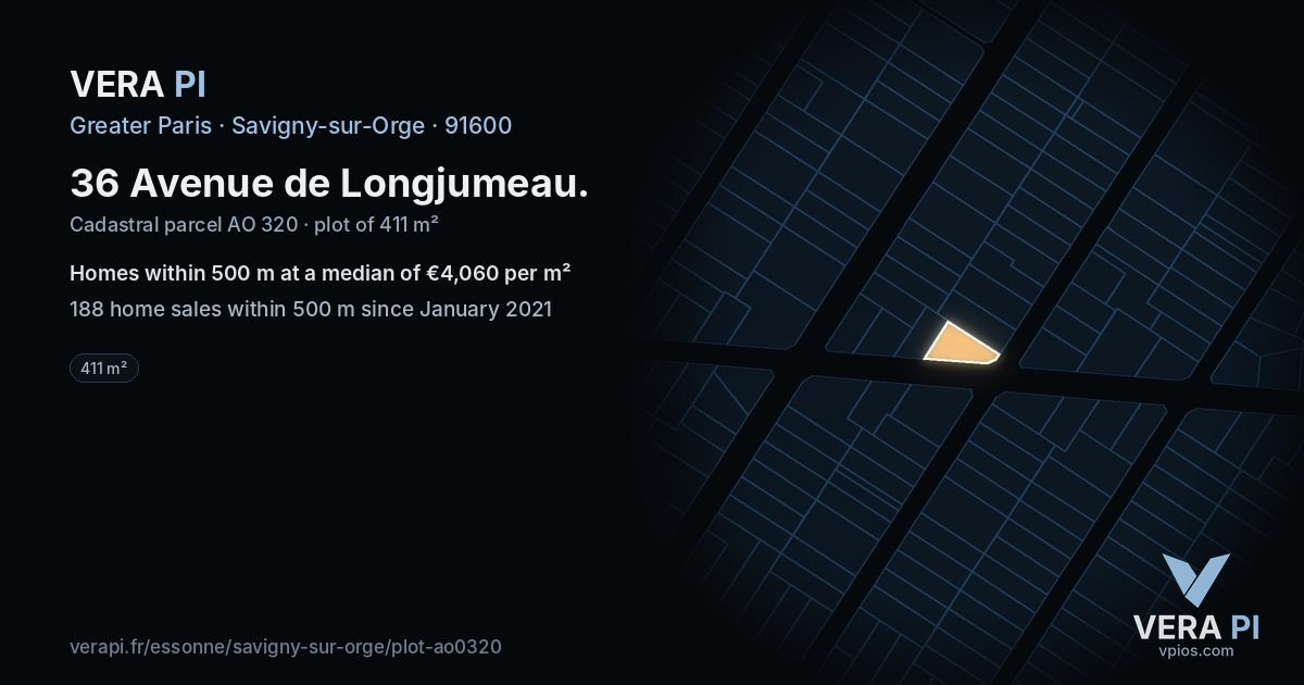 36 Avenue de Longjumeau, Savigny-sur-Orge at night – the plot lit, the parcels around coloured by the prices near them