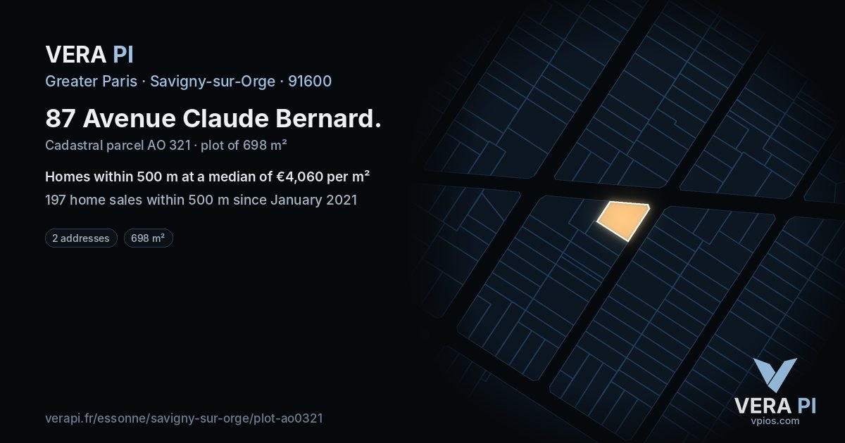 87 Avenue Claude Bernard, Savigny-sur-Orge at night – the plot lit, the parcels around coloured by the prices near them