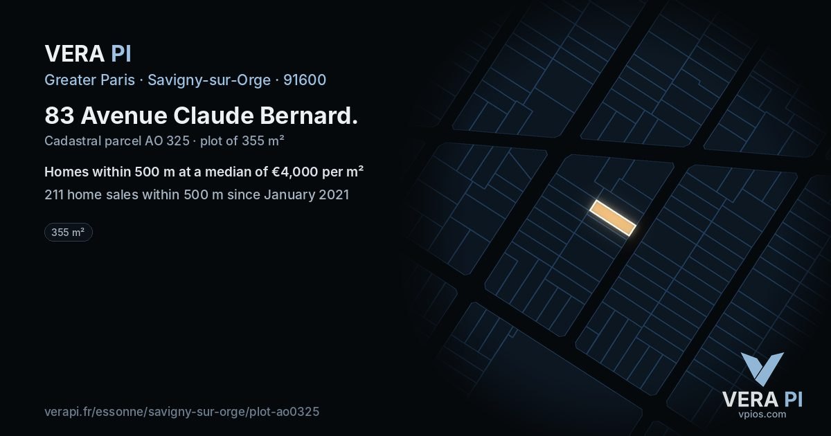 83 Avenue Claude Bernard, Savigny-sur-Orge at night – the plot lit, the parcels around coloured by the prices near them