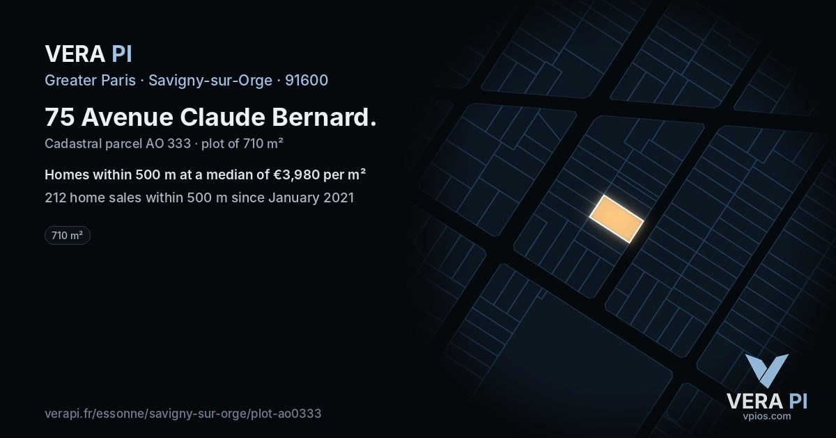 75 Avenue Claude Bernard, Savigny-sur-Orge at night – the plot lit, the parcels around coloured by the prices near them