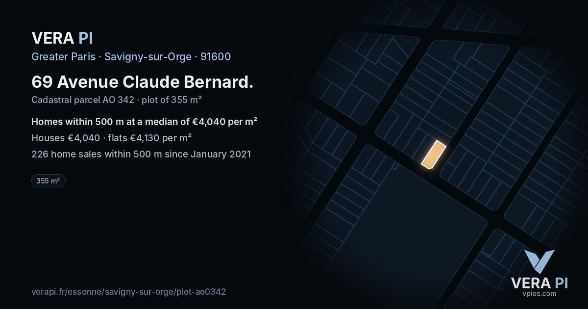69 Avenue Claude Bernard, Savigny-sur-Orge at night – the plot lit, the parcels around coloured by the prices near them