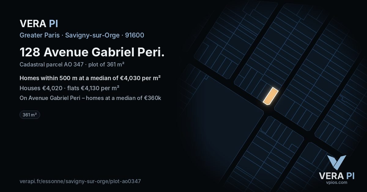 128 Avenue Gabriel Peri, Savigny-sur-Orge at night – the plot lit, the parcels around coloured by the prices near them