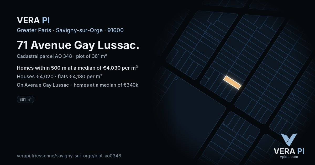 71 Avenue Gay Lussac, Savigny-sur-Orge at night – the plot lit, the parcels around coloured by the prices near them