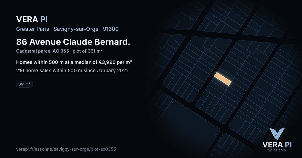 86 Avenue Claude Bernard, Savigny-sur-Orge at night – the plot lit, the parcels around coloured by the prices near them
