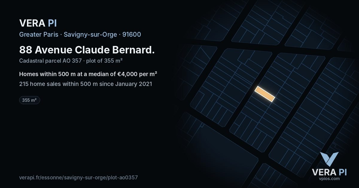 88 Avenue Claude Bernard, Savigny-sur-Orge at night – the plot lit, the parcels around coloured by the prices near them