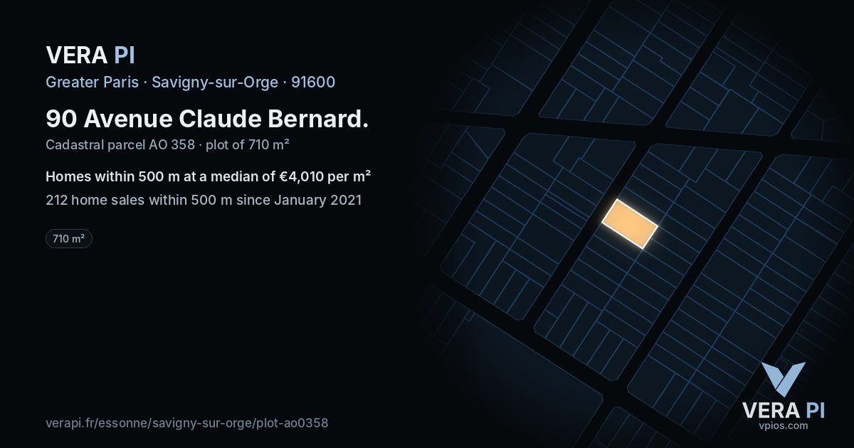 90 Avenue Claude Bernard, Savigny-sur-Orge at night – the plot lit, the parcels around coloured by the prices near them