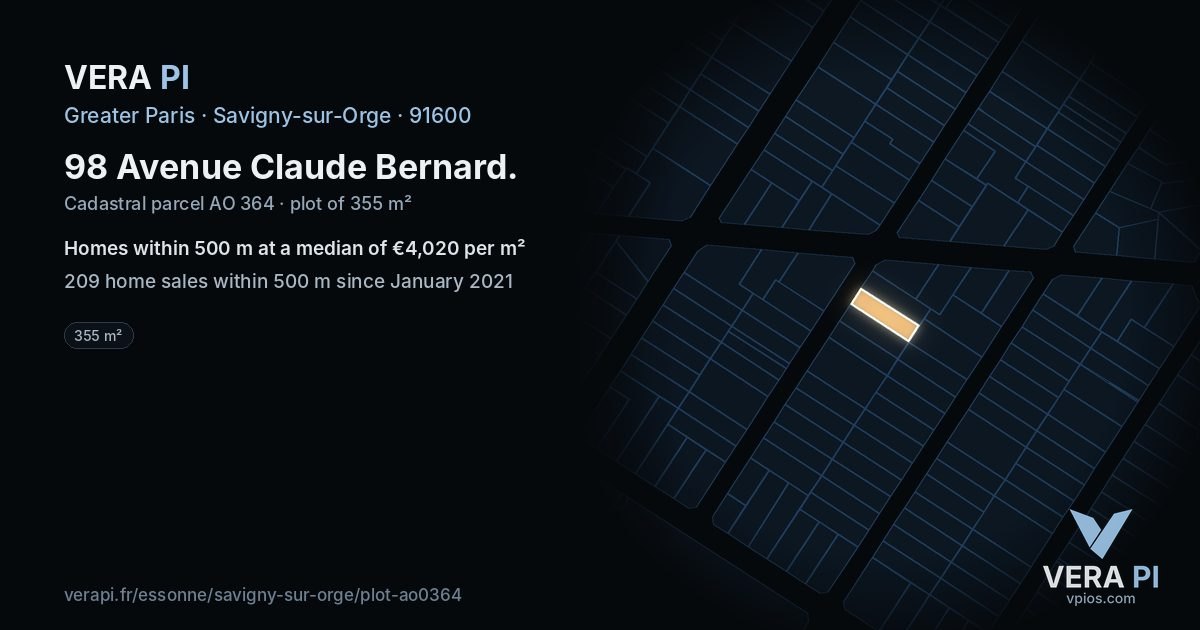 98 Avenue Claude Bernard, Savigny-sur-Orge at night – the plot lit, the parcels around coloured by the prices near them
