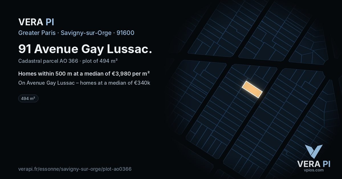 91 Avenue Gay Lussac, Savigny-sur-Orge at night – the plot lit, the parcels around coloured by the prices near them
