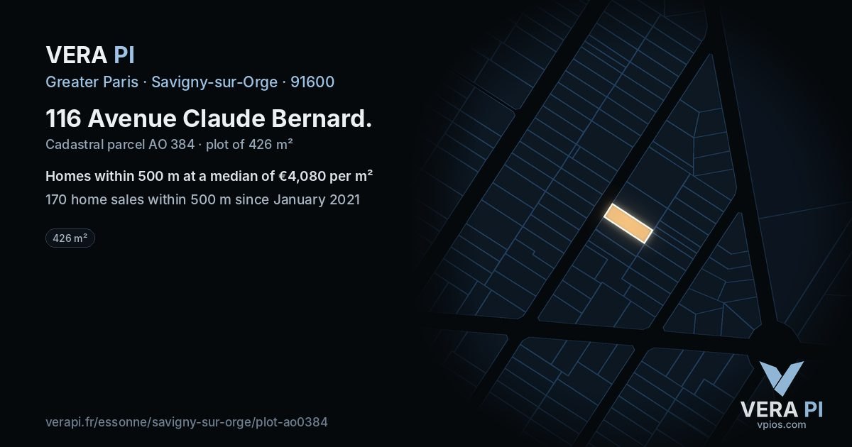 116 Avenue Claude Bernard, Savigny-sur-Orge at night – the plot lit, the parcels around coloured by the prices near them