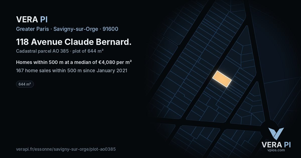 118 Avenue Claude Bernard, Savigny-sur-Orge at night – the plot lit, the parcels around coloured by the prices near them