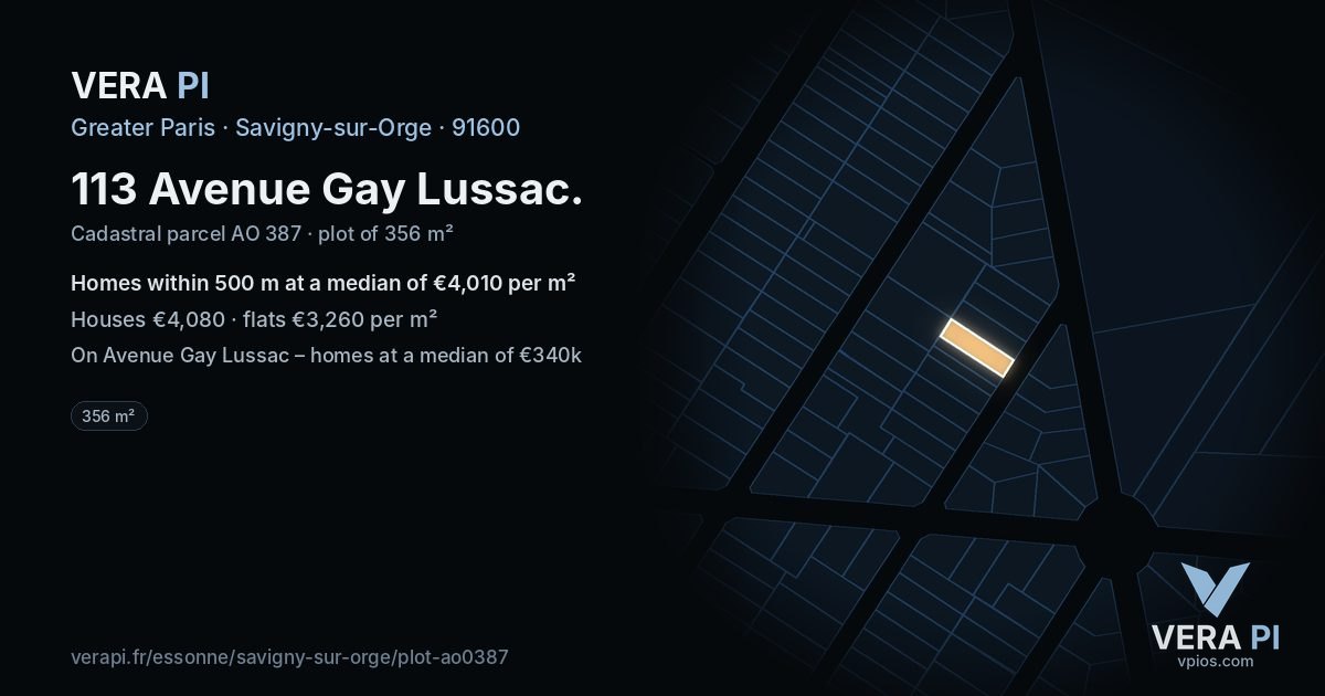 113 Avenue Gay Lussac, Savigny-sur-Orge at night – the plot lit, the parcels around coloured by the prices near them