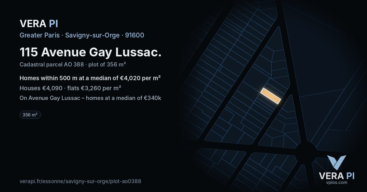 115 Avenue Gay Lussac, Savigny-sur-Orge at night – the plot lit, the parcels around coloured by the prices near them