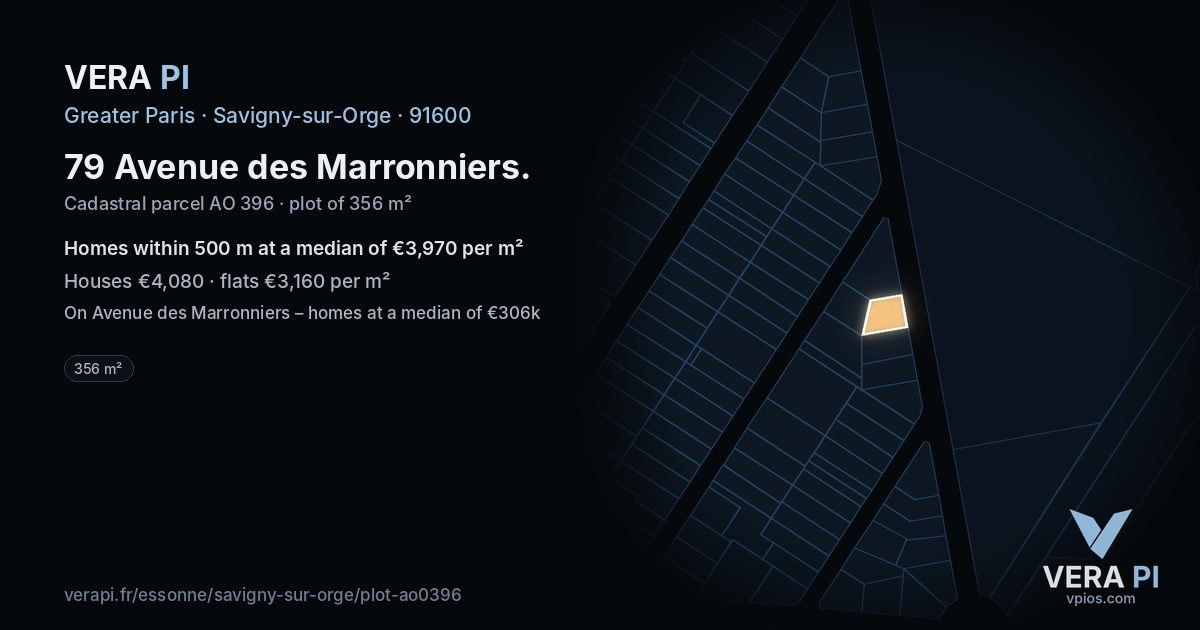 79 Avenue des Marronniers, Savigny-sur-Orge at night – the plot lit, the parcels around coloured by the prices near them